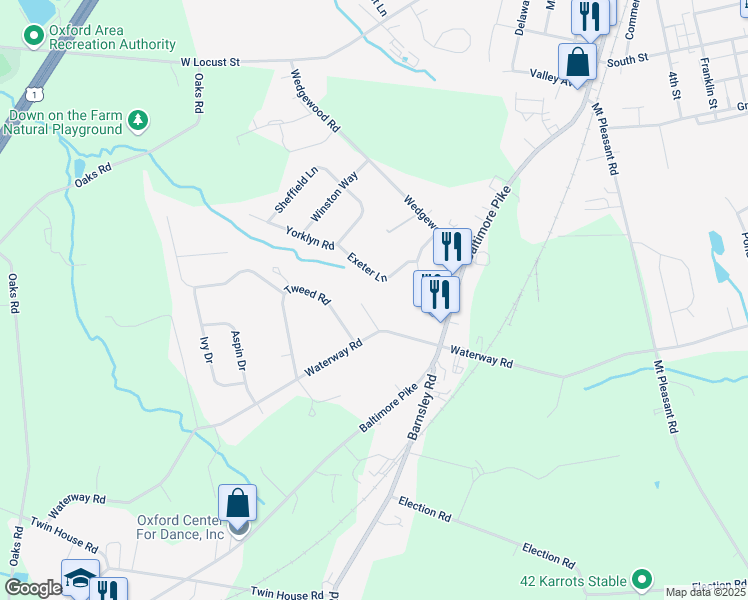map of restaurants, bars, coffee shops, grocery stores, and more near 297 Waterway Road in Oxford