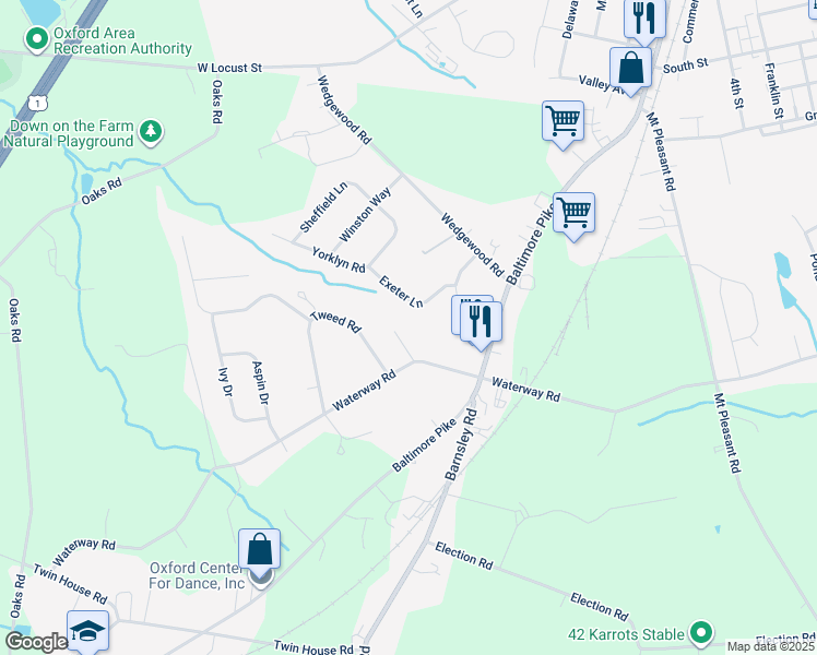 map of restaurants, bars, coffee shops, grocery stores, and more near 297 Waterway Road in Oxford