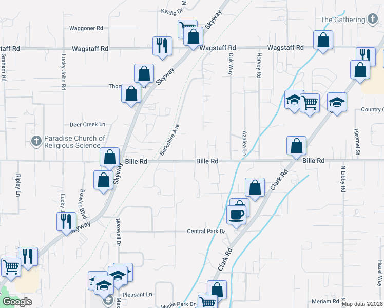 map of restaurants, bars, coffee shops, grocery stores, and more near 1123 Bille Road in Paradise