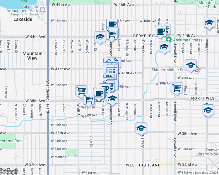 map of restaurants, bars, coffee shops, grocery stores, and more near 3885 N Tennyson Street in Denver