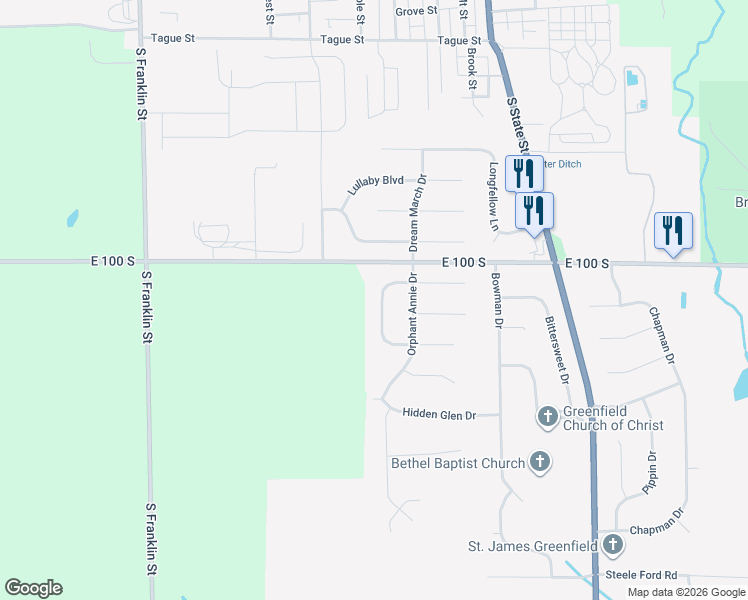 map of restaurants, bars, coffee shops, grocery stores, and more near 1118 Bumblebee Way in Greenfield