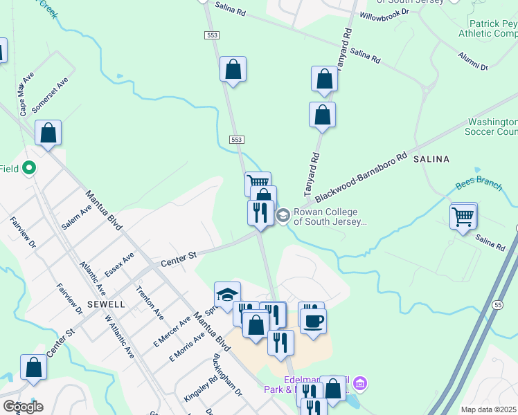 map of restaurants, bars, coffee shops, grocery stores, and more near 745 Woodbury Glassboro Road in Mantua Township