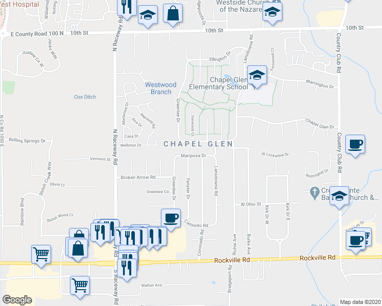 map of restaurants, bars, coffee shops, grocery stores, and more near 8920 Mariposa Drive in Indianapolis
