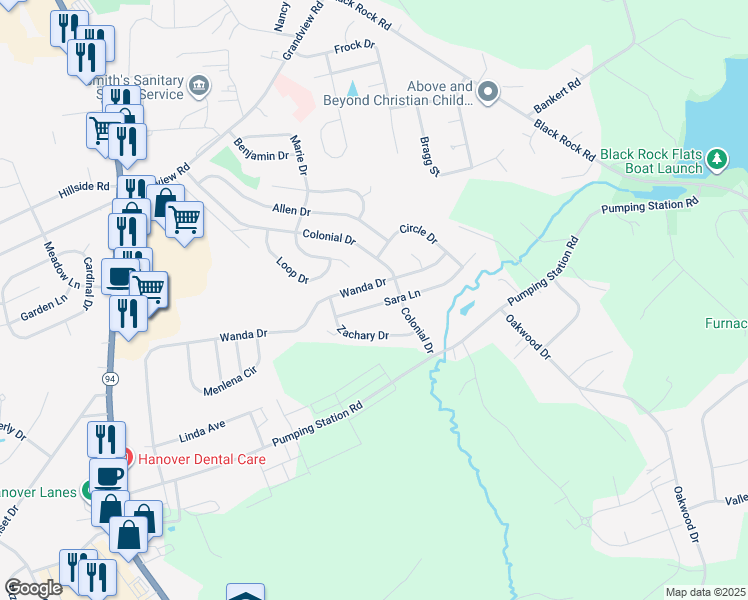 map of restaurants, bars, coffee shops, grocery stores, and more near 54 Sara Lane in Hanover