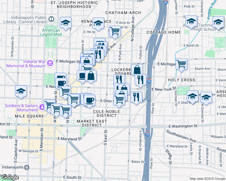 map of restaurants, bars, coffee shops, grocery stores, and more near 521 East New York Street in Indianapolis