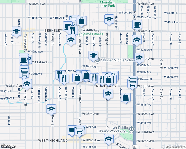 map of restaurants, bars, coffee shops, grocery stores, and more near 3435 West 39th Avenue in Denver