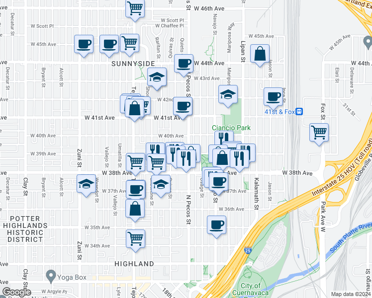 map of restaurants, bars, coffee shops, grocery stores, and more near 3925 Pecos Street in Denver