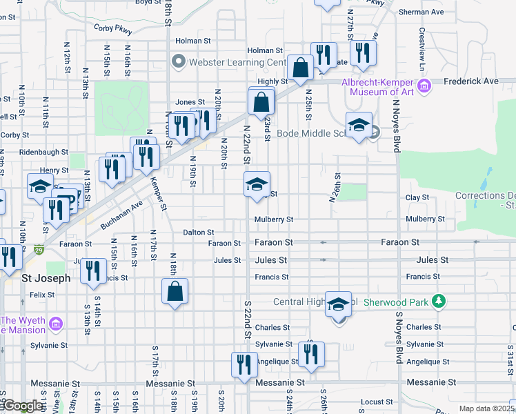 map of restaurants, bars, coffee shops, grocery stores, and more near 515 North 22nd Street in Saint Joseph