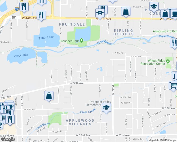 map of restaurants, bars, coffee shops, grocery stores, and more near 3850 North Robb Street in Wheat Ridge