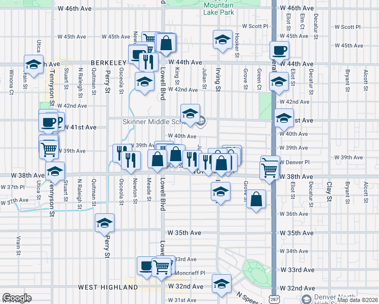 map of restaurants, bars, coffee shops, grocery stores, and more near 3435 West 39th Avenue in Denver