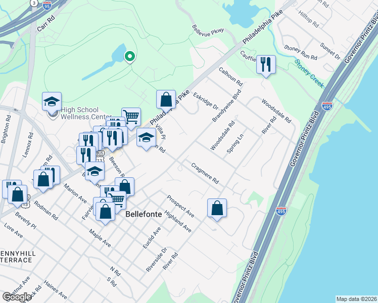 map of restaurants, bars, coffee shops, grocery stores, and more near 1404 Brandywine Boulevard in Wilmington