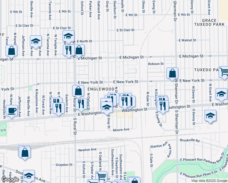 map of restaurants, bars, coffee shops, grocery stores, and more near 77 North Dearborn Street in Indianapolis