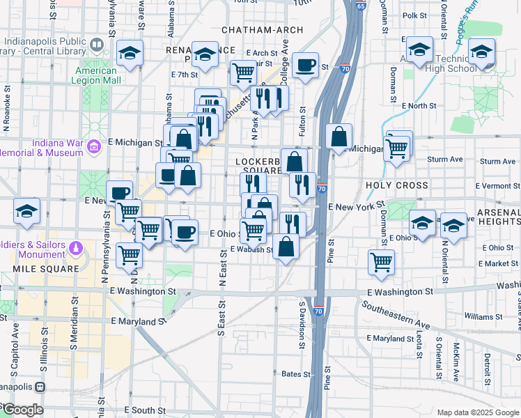 map of restaurants, bars, coffee shops, grocery stores, and more near 615 East New York Street in Indianapolis