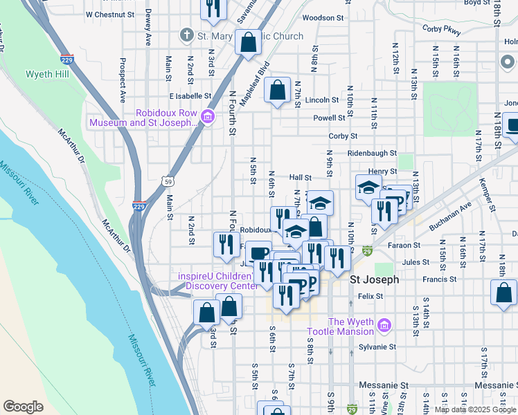 map of restaurants, bars, coffee shops, grocery stores, and more near 603 North 5th Street in Saint Joseph