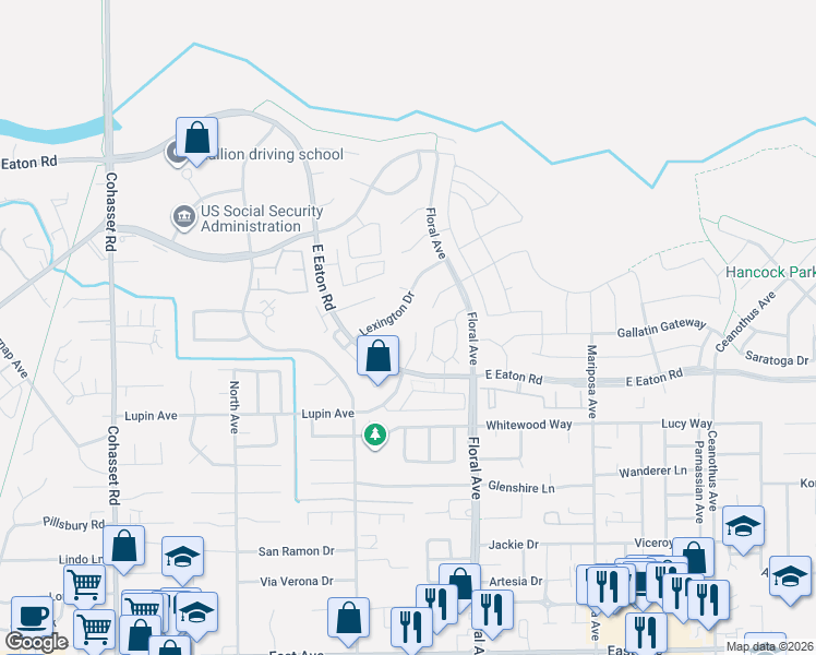 map of restaurants, bars, coffee shops, grocery stores, and more near 58 Satinwood Way in Chico