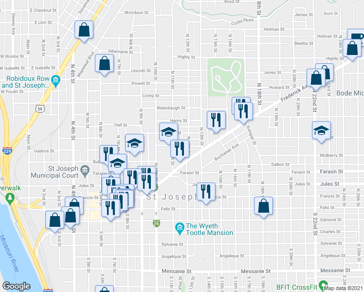map of restaurants, bars, coffee shops, grocery stores, and more near 1124 Isadore Street in St. Joseph