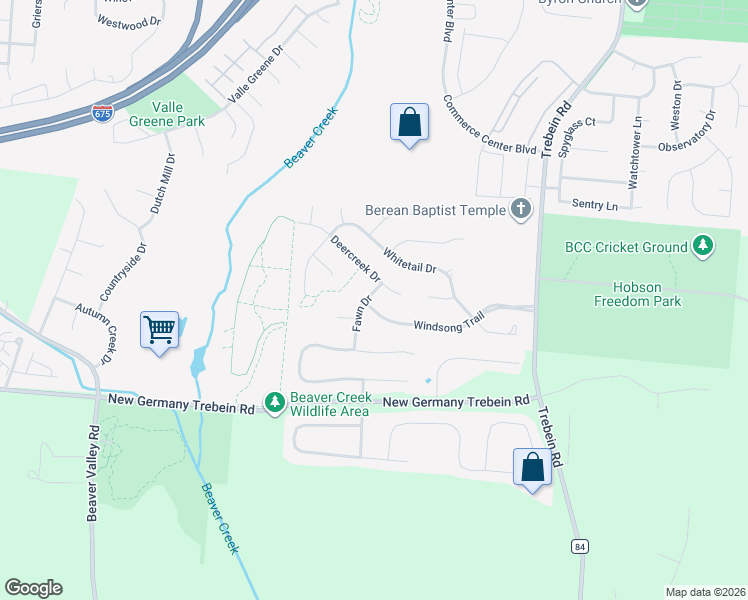 map of restaurants, bars, coffee shops, grocery stores, and more near 1136 Deercreek Drive in Fairborn
