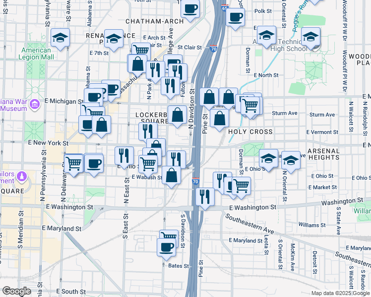 map of restaurants, bars, coffee shops, grocery stores, and more near 743 East New York Street in Indianapolis