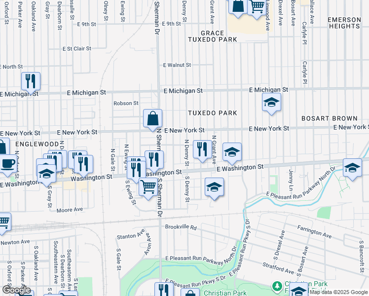 map of restaurants, bars, coffee shops, grocery stores, and more near 56 North Denny Street in Indianapolis