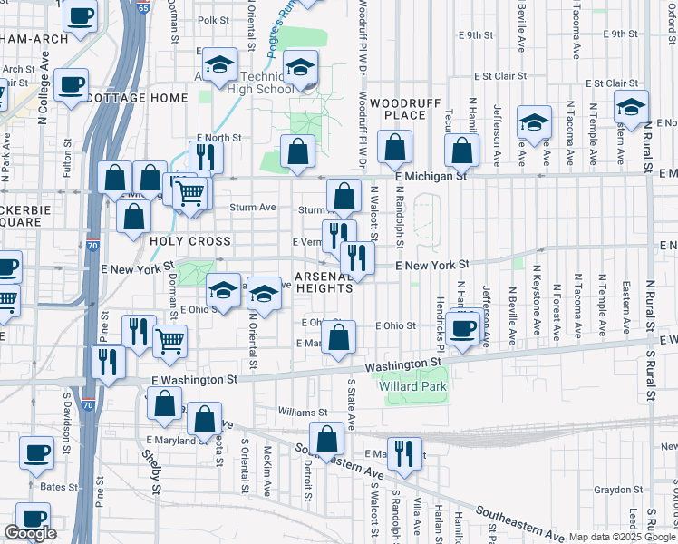 map of restaurants, bars, coffee shops, grocery stores, and more near 1621 East New York Street in Indianapolis
