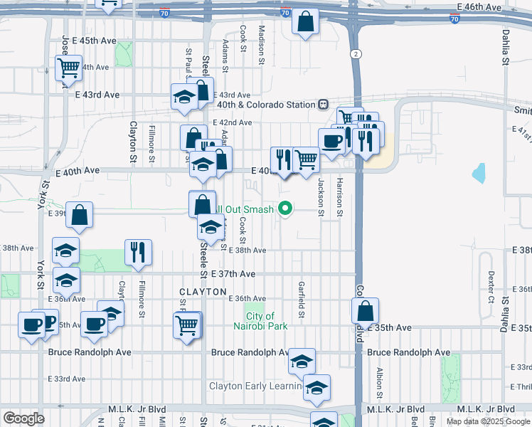 map of restaurants, bars, coffee shops, grocery stores, and more near 3890 Madison Street in Denver