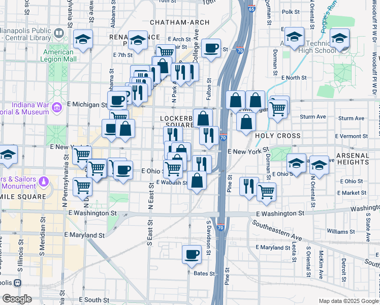 map of restaurants, bars, coffee shops, grocery stores, and more near 244 North College Avenue in Indianapolis