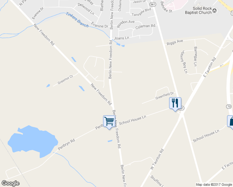 map of restaurants, bars, coffee shops, grocery stores, and more near 510 Berlin New Freedom Road in Berlin