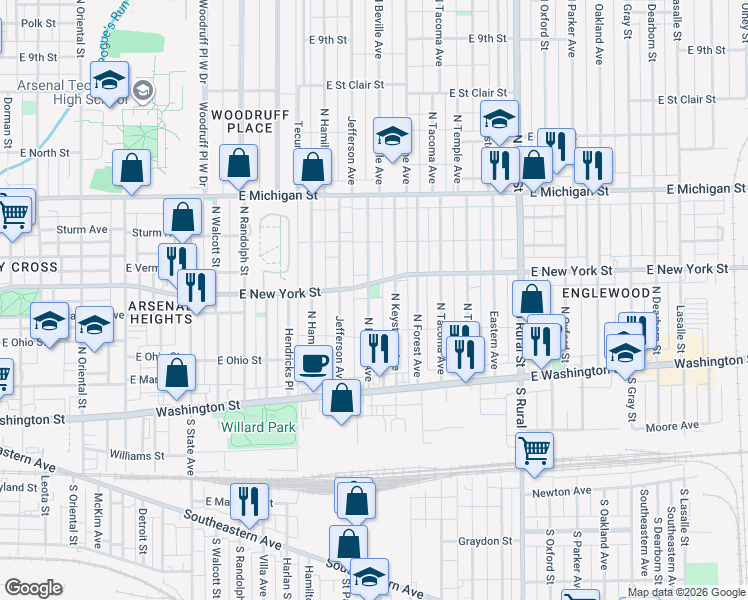 map of restaurants, bars, coffee shops, grocery stores, and more near 249 North Beville Avenue in Indianapolis