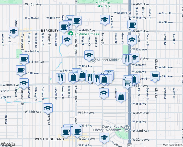 map of restaurants, bars, coffee shops, grocery stores, and more near 3915 Julian Street in Denver
