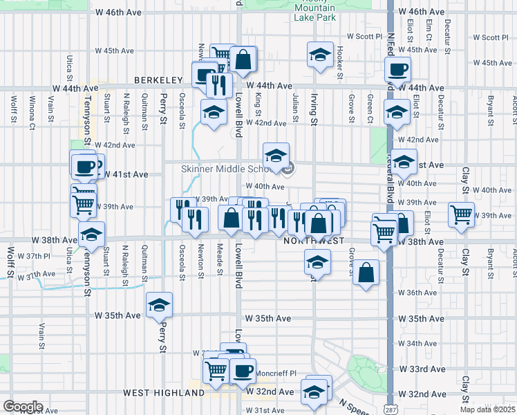 map of restaurants, bars, coffee shops, grocery stores, and more near 3914 King Street in Denver