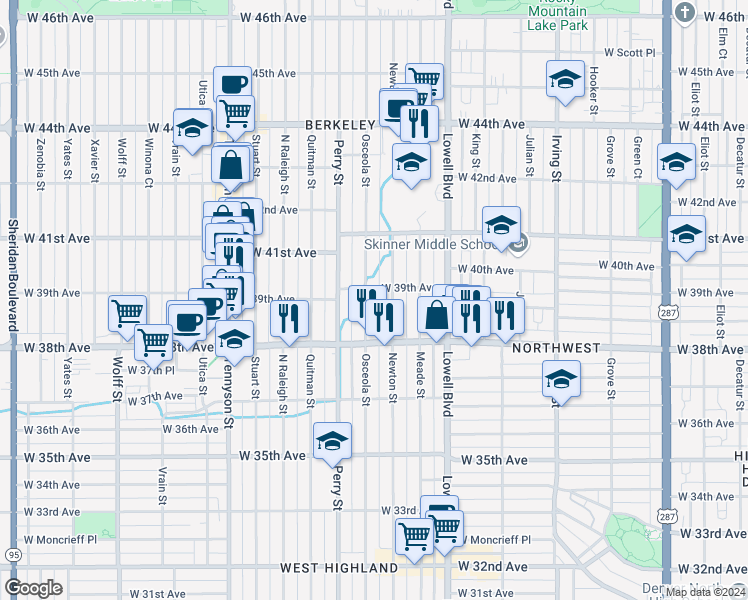 map of restaurants, bars, coffee shops, grocery stores, and more near in Denver