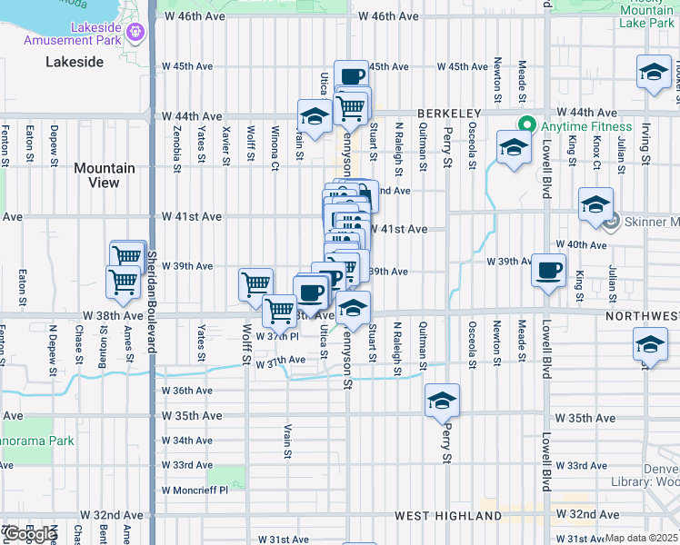 map of restaurants, bars, coffee shops, grocery stores, and more near 4436 West 39th Avenue in Denver