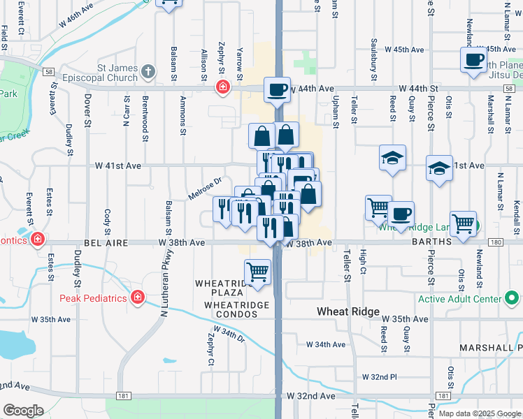 map of restaurants, bars, coffee shops, grocery stores, and more near 7720 West 39th Avenue in Wheat Ridge