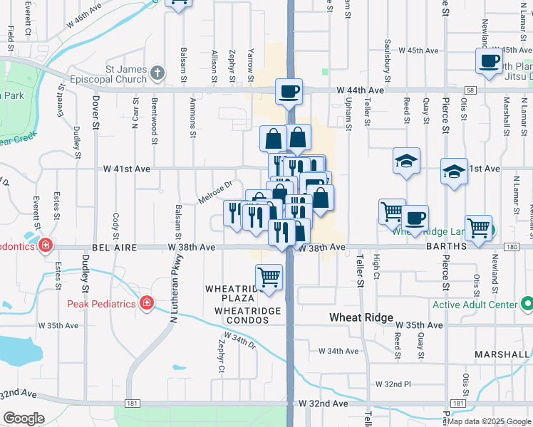 map of restaurants, bars, coffee shops, grocery stores, and more near 7720 West 39th Avenue in Wheat Ridge