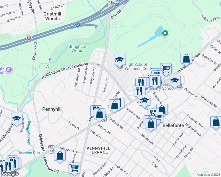 map of restaurants, bars, coffee shops, grocery stores, and more near 8 Windsor Road in Wilmington