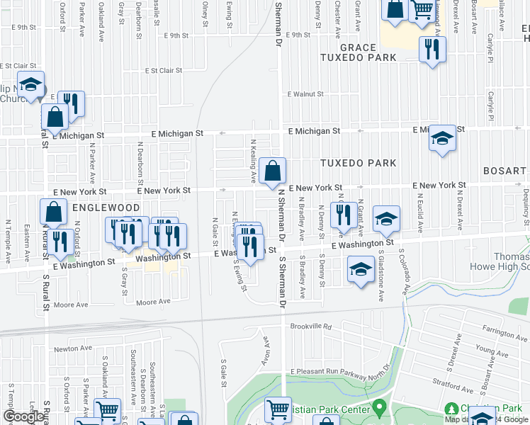map of restaurants, bars, coffee shops, grocery stores, and more near 3721 East Market Street in Indianapolis