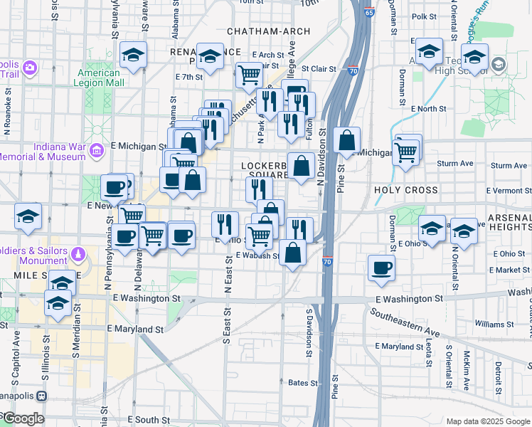 map of restaurants, bars, coffee shops, grocery stores, and more near 621 East New York Street in Indianapolis