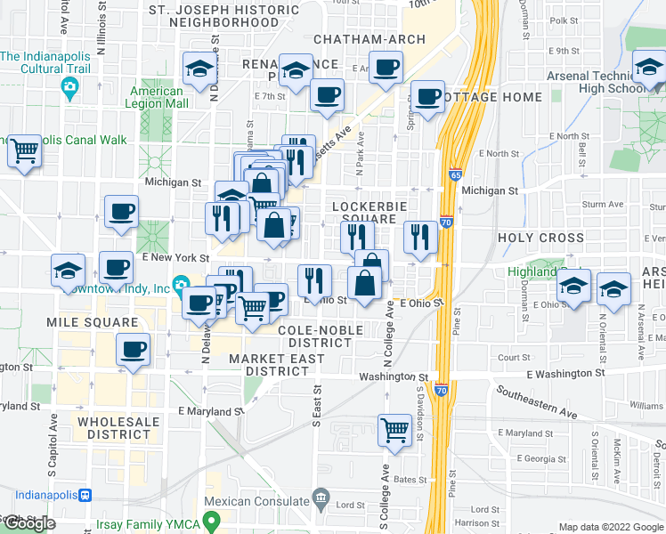 map of restaurants, bars, coffee shops, grocery stores, and more near 521 East New York Street in Indianapolis