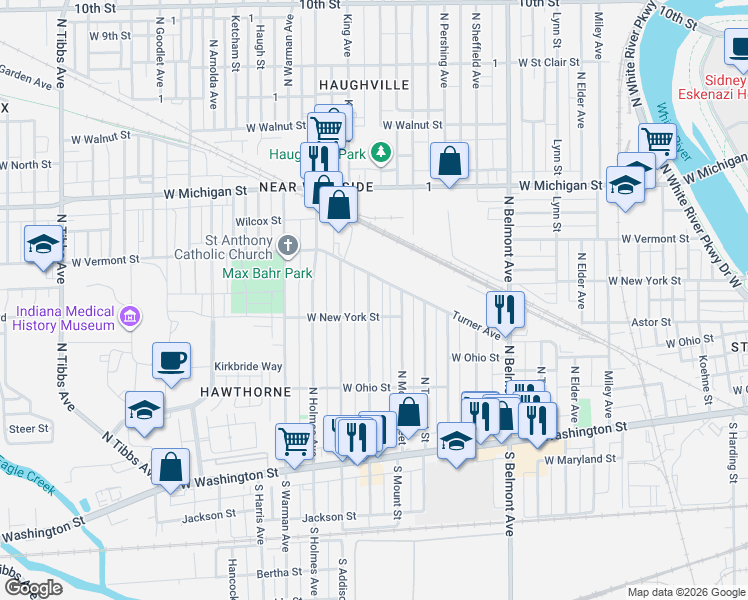 map of restaurants, bars, coffee shops, grocery stores, and more near 326 North Mount Street in Indianapolis