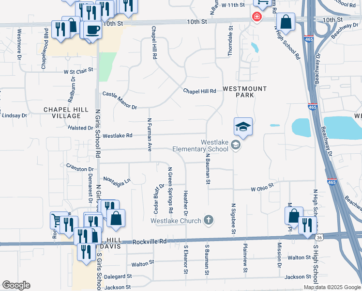 map of restaurants, bars, coffee shops, grocery stores, and more near 6904 West Lockerbie Drive in Indianapolis