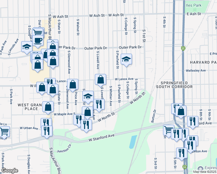 map of restaurants, bars, coffee shops, grocery stores, and more near 2639 South Whittier Avenue in Springfield