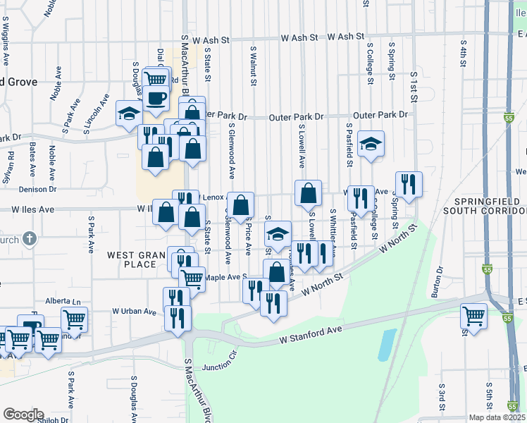 map of restaurants, bars, coffee shops, grocery stores, and more near 2620 South Price Avenue in Springfield