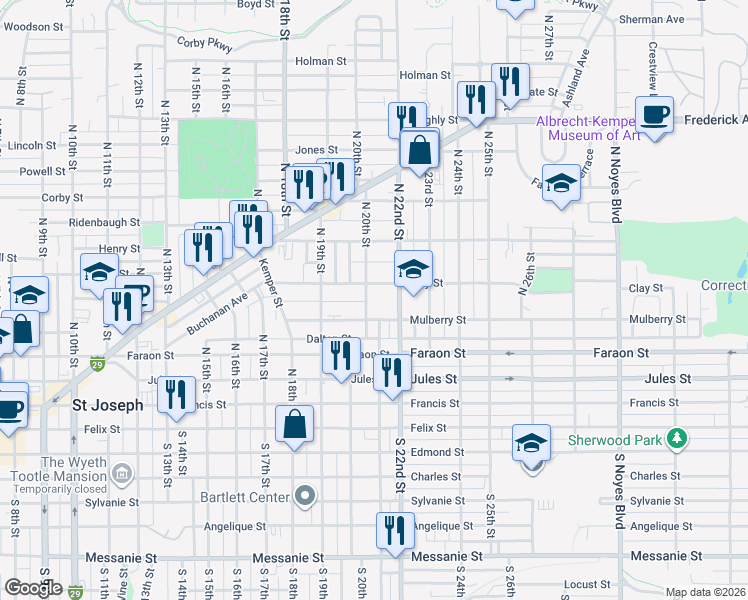 map of restaurants, bars, coffee shops, grocery stores, and more near 516 North 20th Street in Saint Joseph