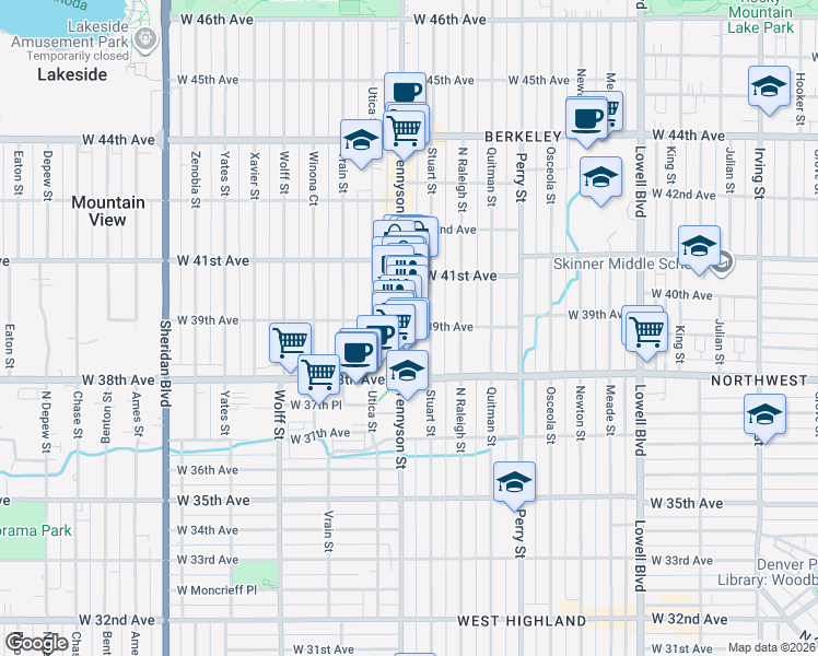 map of restaurants, bars, coffee shops, grocery stores, and more near 4390 West 39th Avenue in Denver