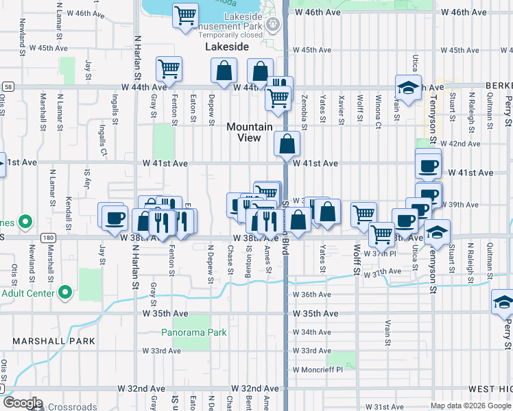 map of restaurants, bars, coffee shops, grocery stores, and more near 5390 West 40th Avenue in Denver