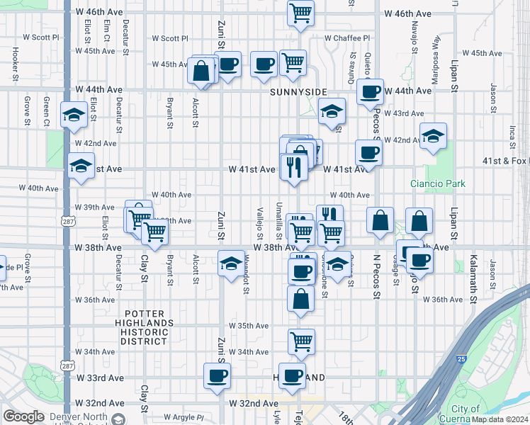 map of restaurants, bars, coffee shops, grocery stores, and more near 3926 Vallejo Street in Denver