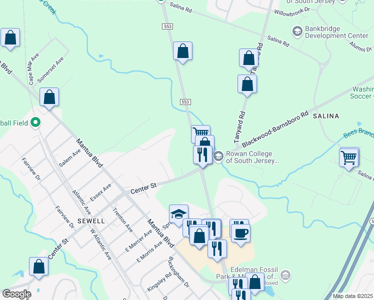 map of restaurants, bars, coffee shops, grocery stores, and more near 730 Woodbury Glassboro Road in Mantua Township