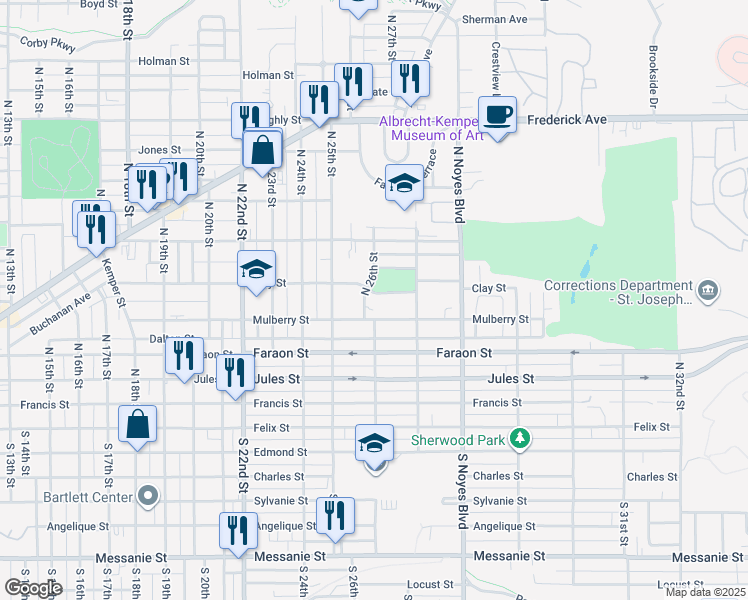 map of restaurants, bars, coffee shops, grocery stores, and more near 2604 Clay Street in Saint Joseph