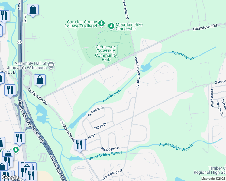 map of restaurants, bars, coffee shops, grocery stores, and more near 36 Morningstar Court in Sicklerville