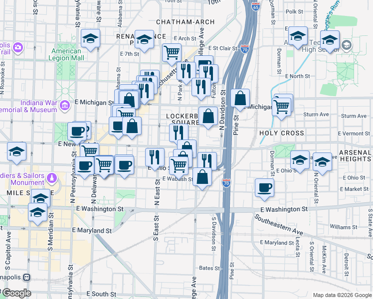 map of restaurants, bars, coffee shops, grocery stores, and more near 621 East New York Street in Indianapolis